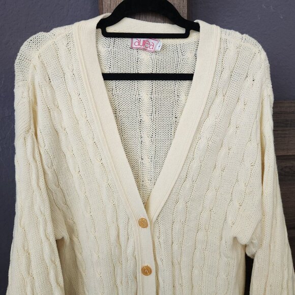 Vintage Women's L Granny Cable Knit Cardigan Sweater Yellow Cottagecore Oversize - Picture 5 of 14